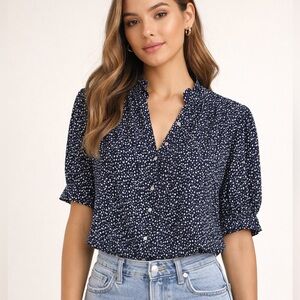 Showpo Navy and White Ruffled Neck Blouse Size Small Parisian Vibes
